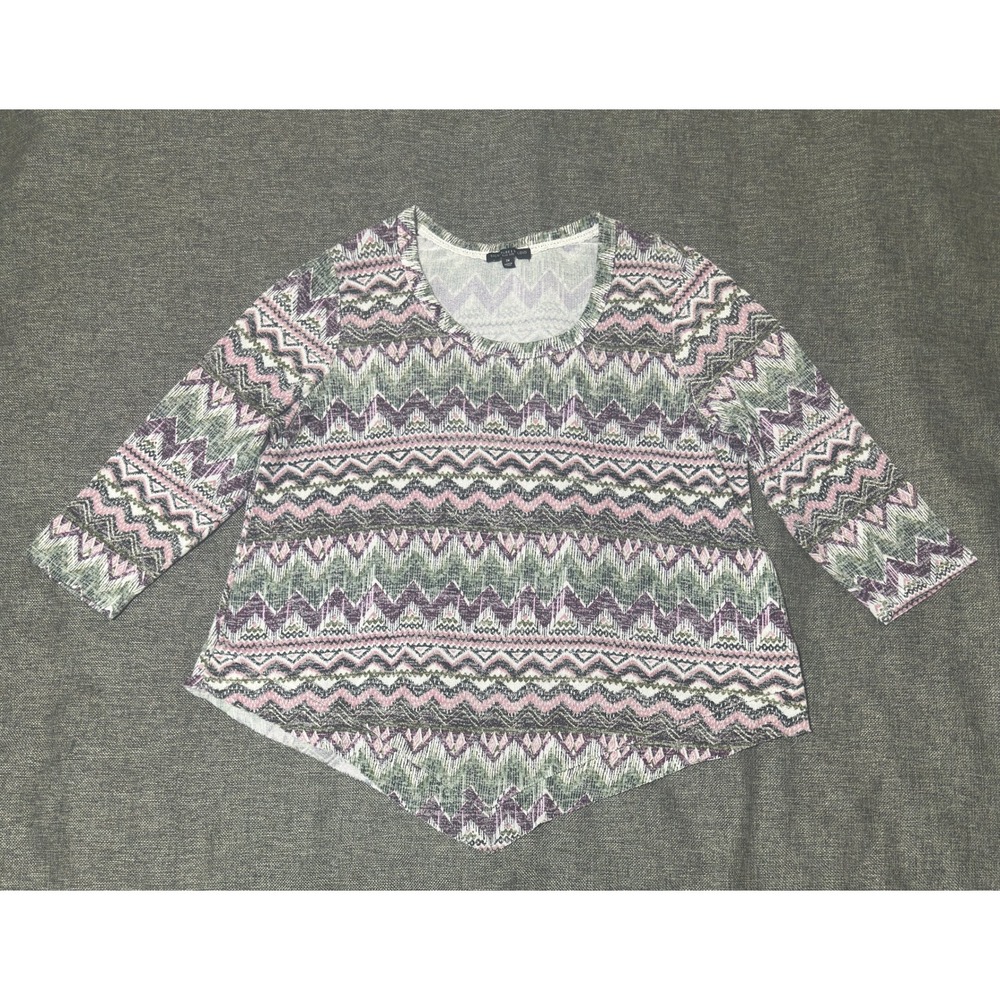 Signature Studio Womens 2X Top Geometric Sharkbite Hem 3/4 Sleeve Multi-Color